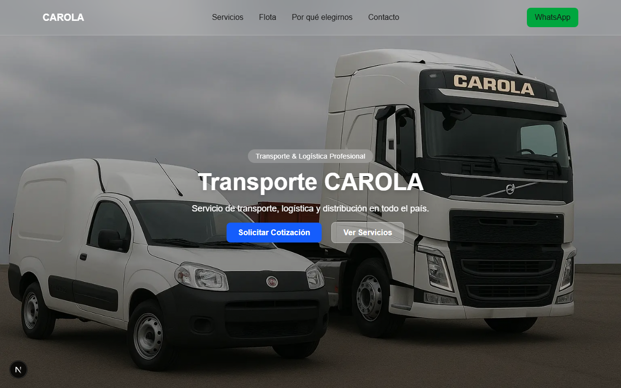 Landing page de Transporte Carola con su flota de vehículos