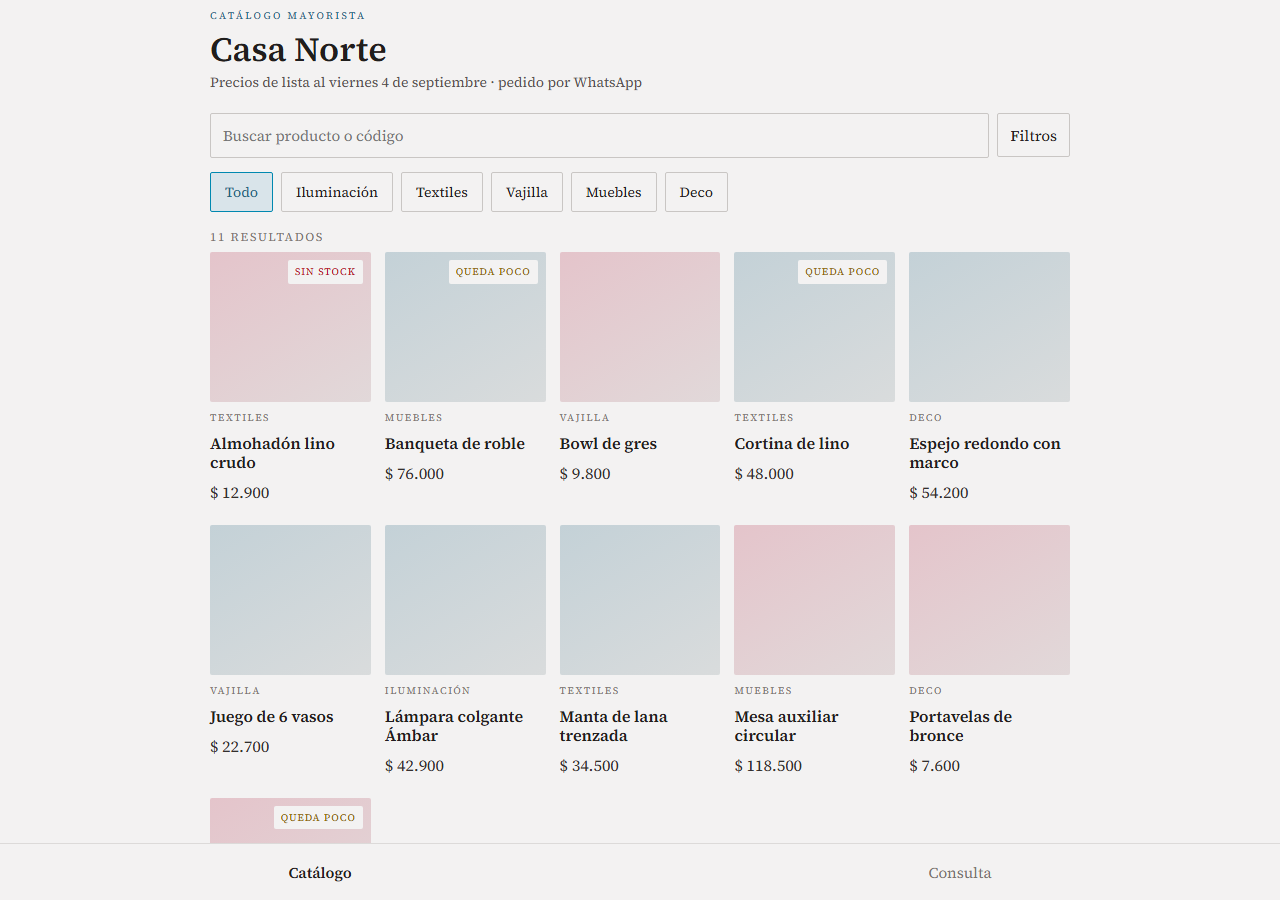 Catálogo público de Casa Norte con grilla de productos y filtros